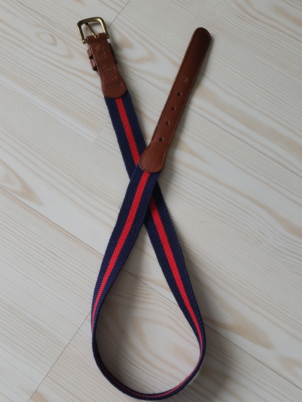 Coach Vintage Linen Belt Navy and Red Stripe with Brown Leather Trim Womens 32